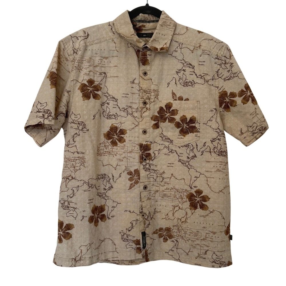 REI Mens Camp Shirt‎ Small Tan Brown World Map Hibiscus Floral Organic Cotton